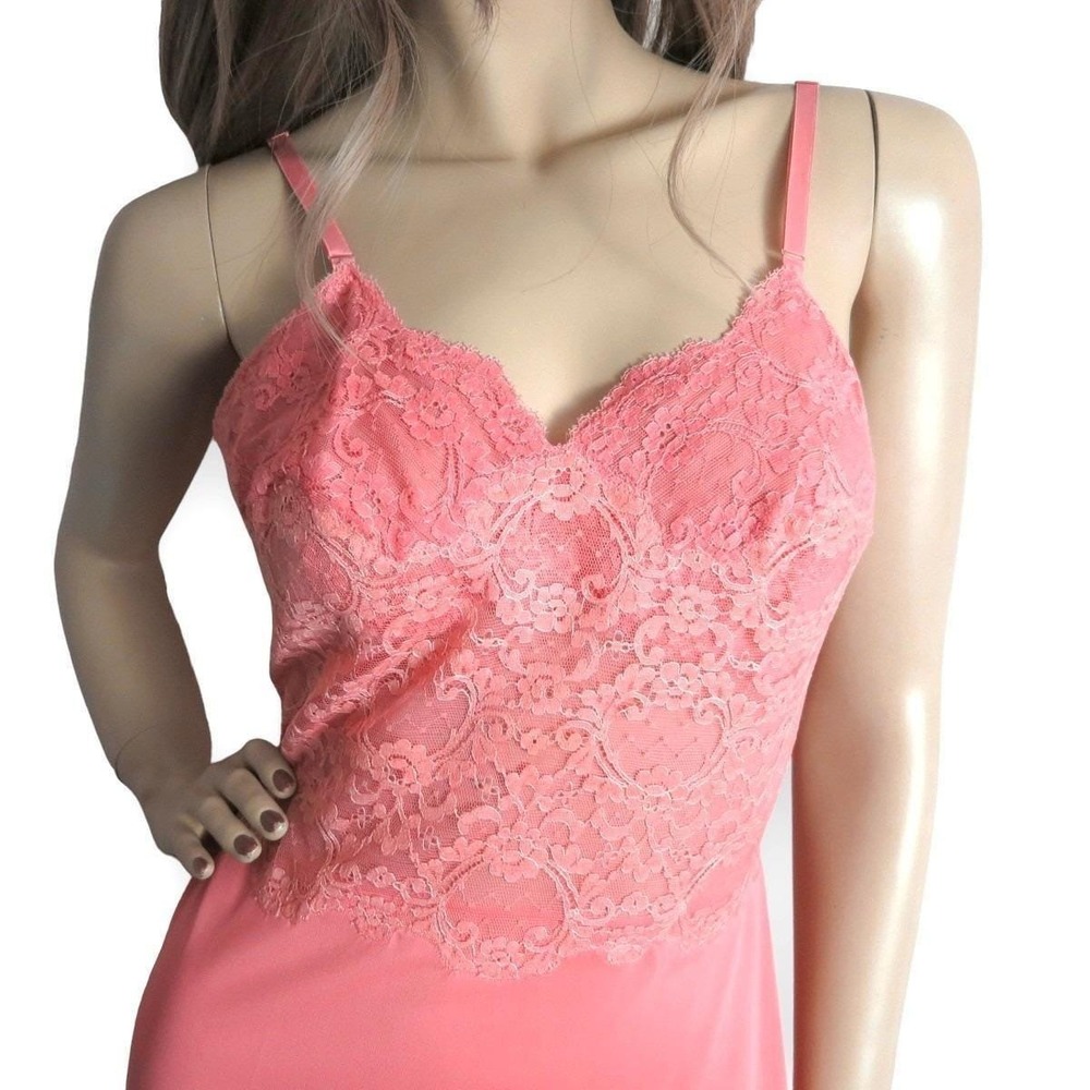 Vintage 1960s Flamingo Pink‎ Lace Slip Dress Small Fairycore Coquette Lingerie - Picture 3 of 9